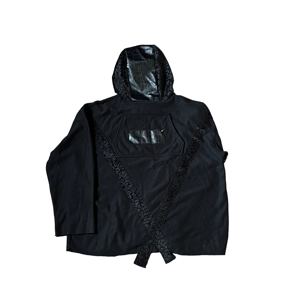 Hoodie with leather hood